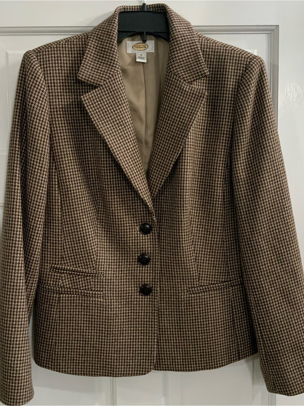 Talbots Houndstooth Blazer Jacket Size 10 Brown Pockets Academia Classic Preppy